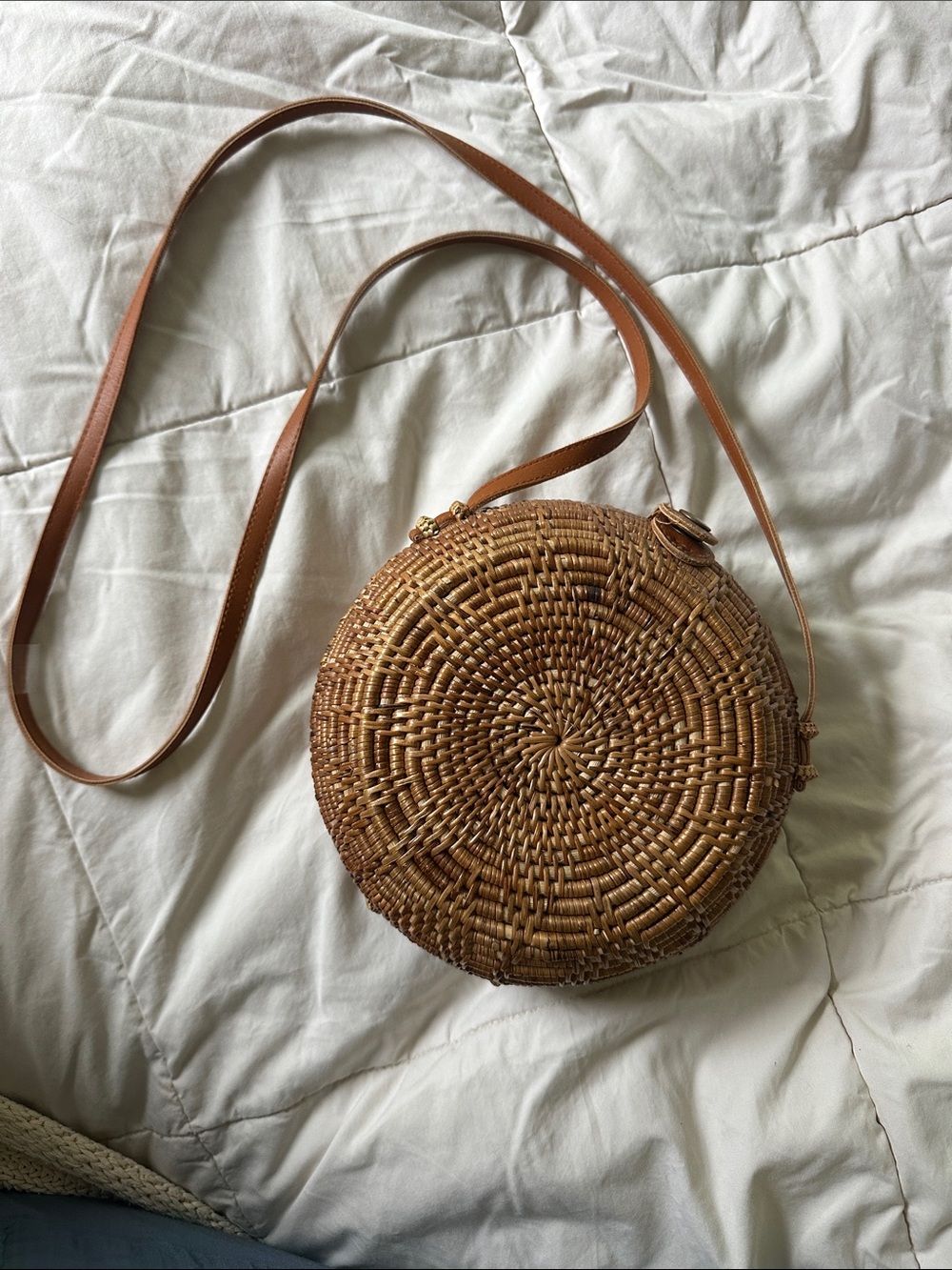 Round Woven Crossbody Bag in Tan with Adjustable Strap